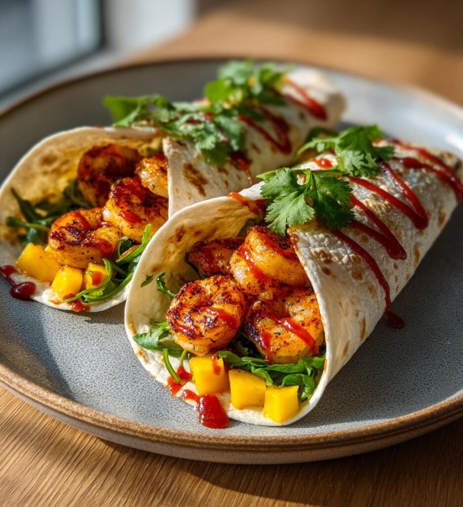 Krispiga räkwraps med mango och chilisås