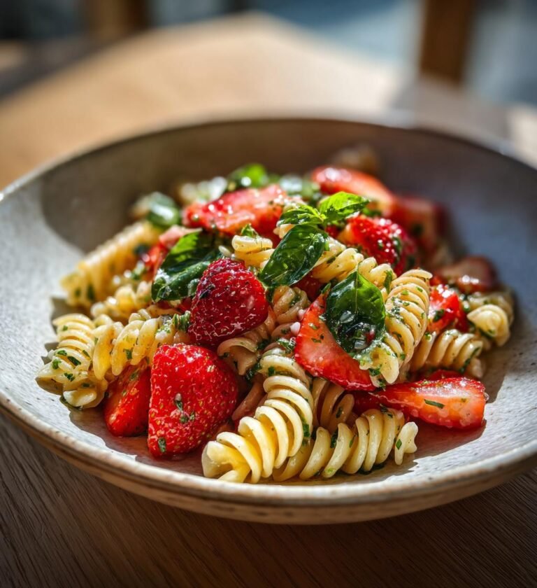 Somrig pastasallad med jordgubbar och basilika