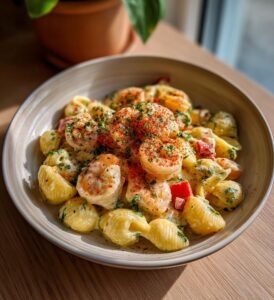 krämig pastasallad med räkor och majonnäs