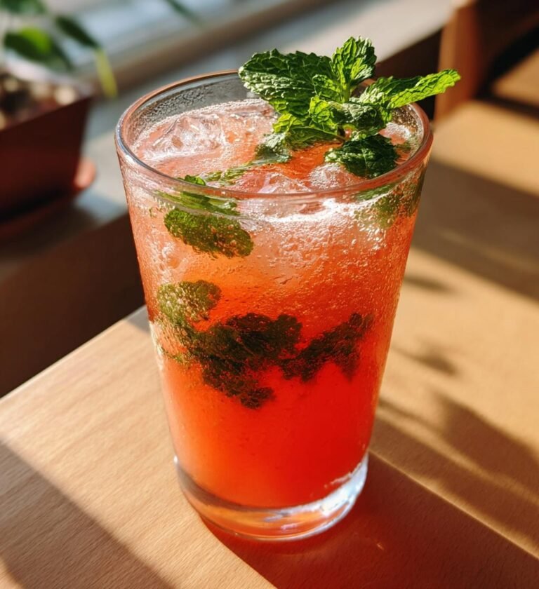 fräsch sommardrink med persika och mynta