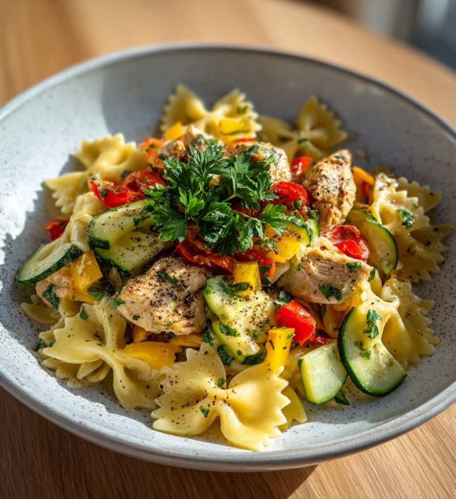 kall pastasallad med kyckling och grönsaker