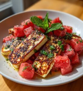 Grillad halloumi med vattenmelon och mynta