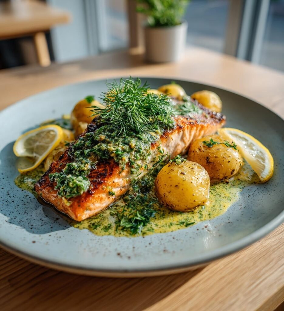 grillad lax med kall örtsås och potatis