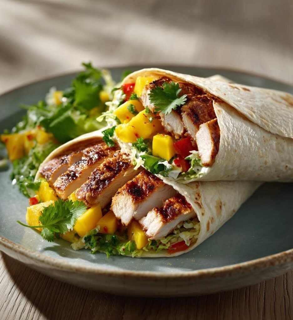 Snabb sommarwrap med grillad kyckling och mango