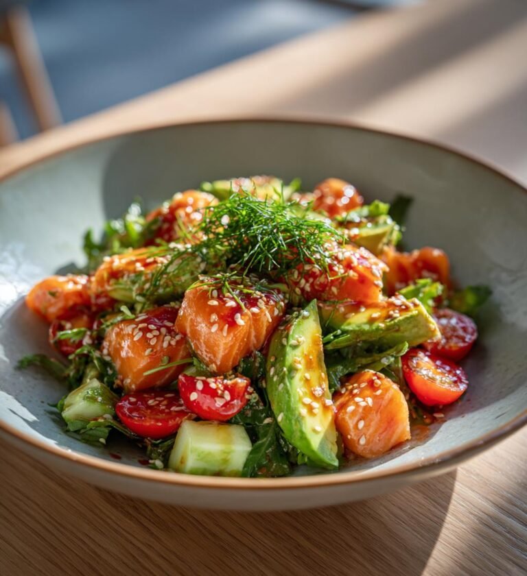 Somrig laxsallad med avokado och citronvinägrett