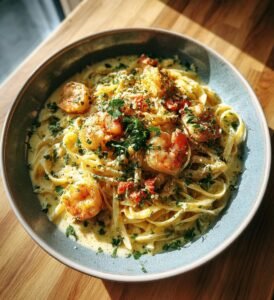 Krämig sommarpasta med räkor och citron