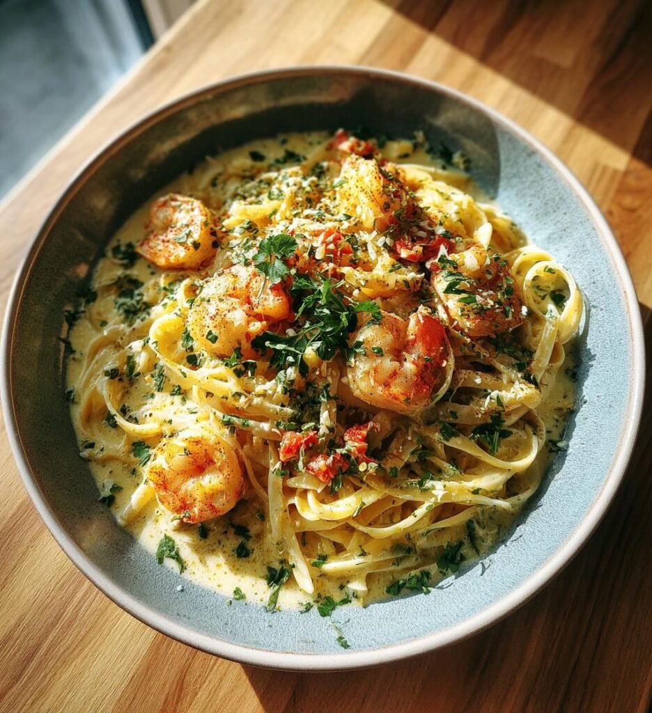 Krämig sommarpasta med räkor och citron
