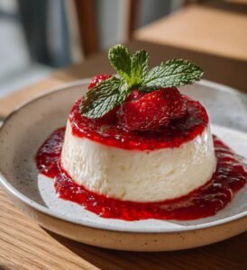 Jordgubbspannacotta med hallonkoulis och mynta