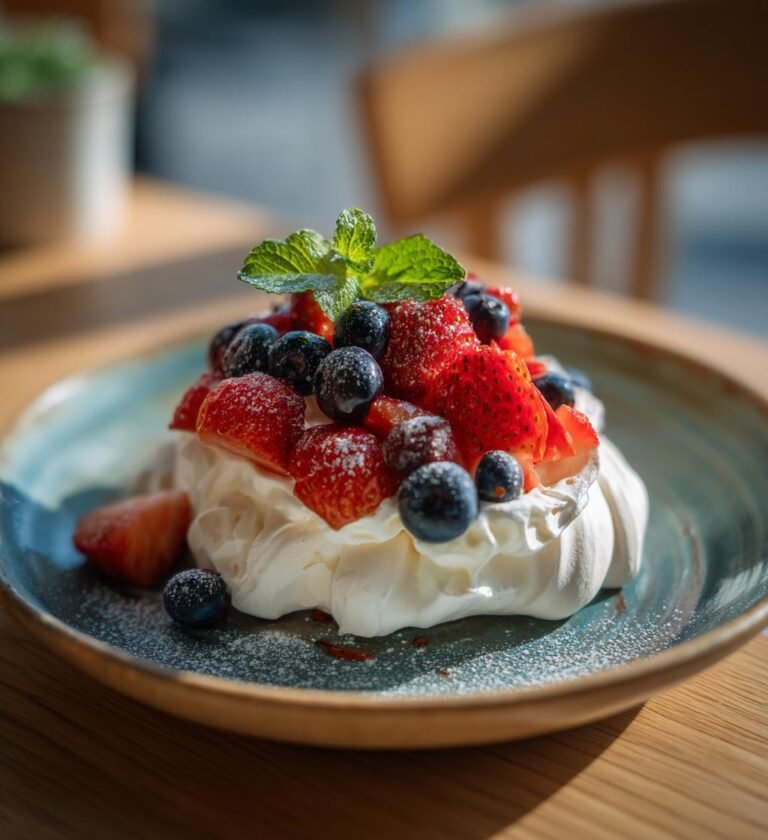 somrig pavlova med bär och grädde