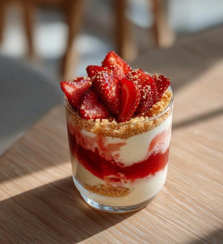 Jordgubbscheesecake i glas med digestivesmulor