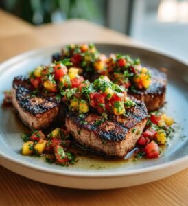 Grillad fläskfilé med persikosalsa och örter