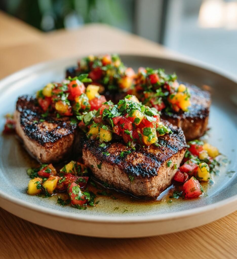 Grillad fläskfilé med persikosalsa och örter