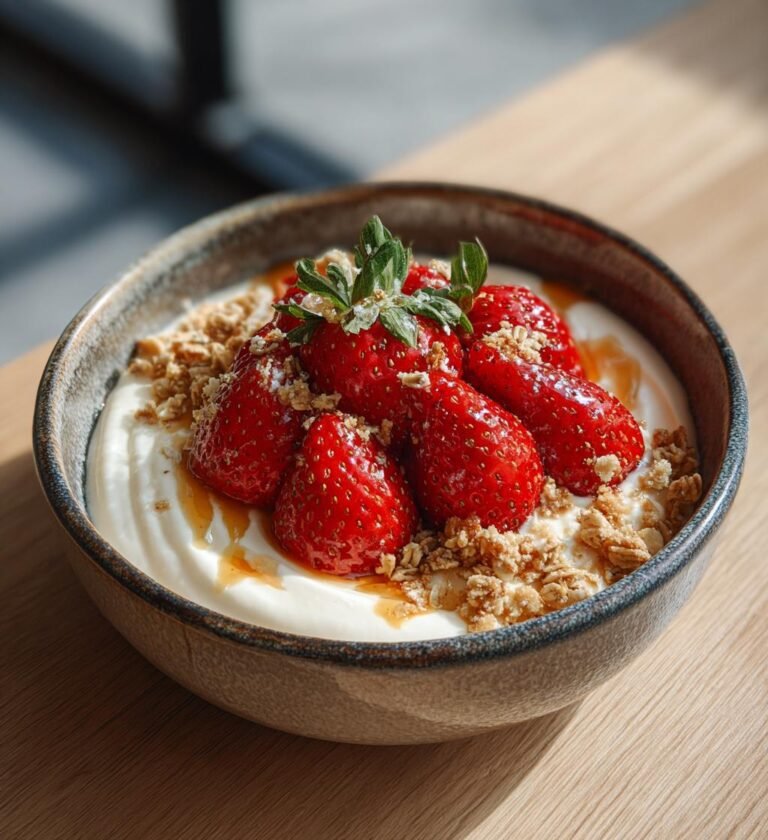 Snabb jordgubbsfrukost med yoghurt och granola