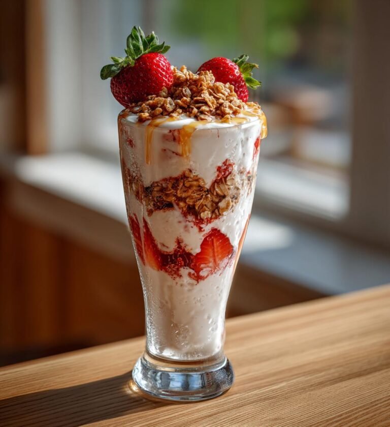 Jordgubbsparfait med granola och honung