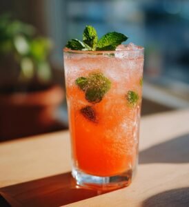 fräsch sommardrink med persika och mynta