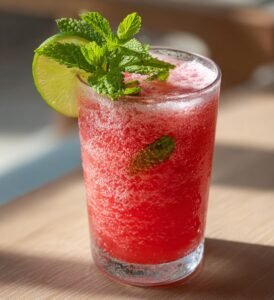Iskall vattenmelonsaft med lime och mynta