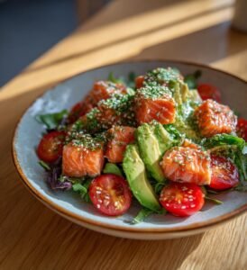 Somrig laxsallad med avokado och citronvinägrett