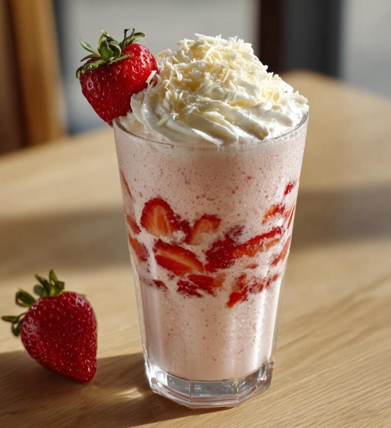 Jordgubbsmilkshake med vit choklad och grädde
