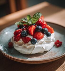 somrig pavlova med bär och grädde