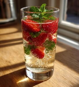 Jordgubbsdrink med prosecco och mynta