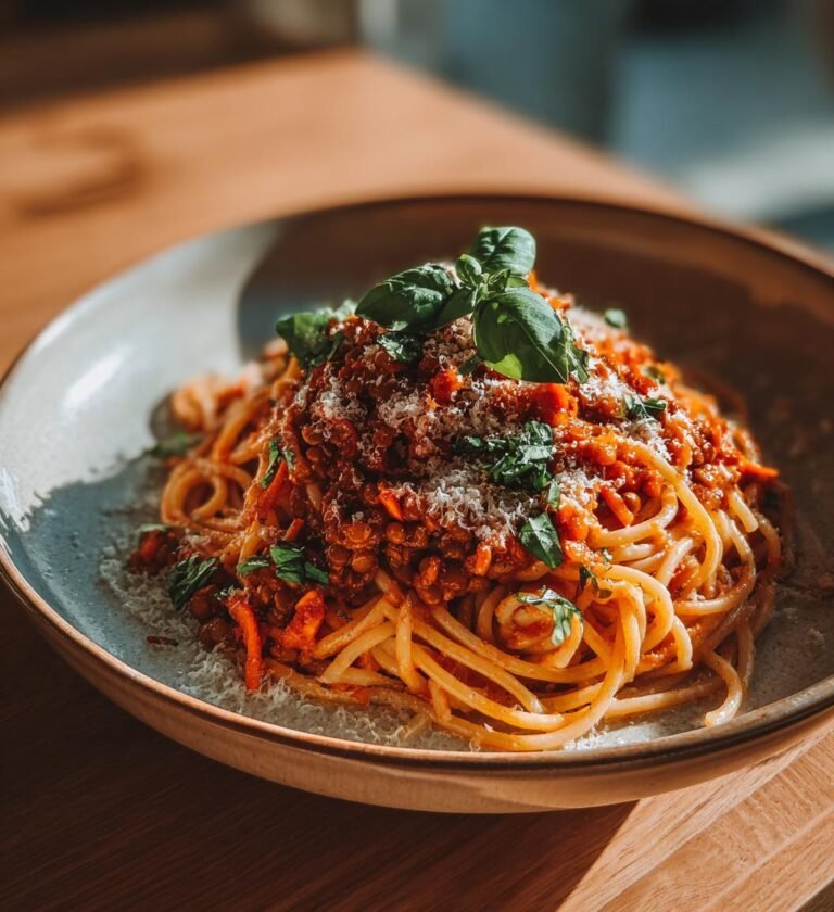 Vegansk linsbolognese med spaghetti