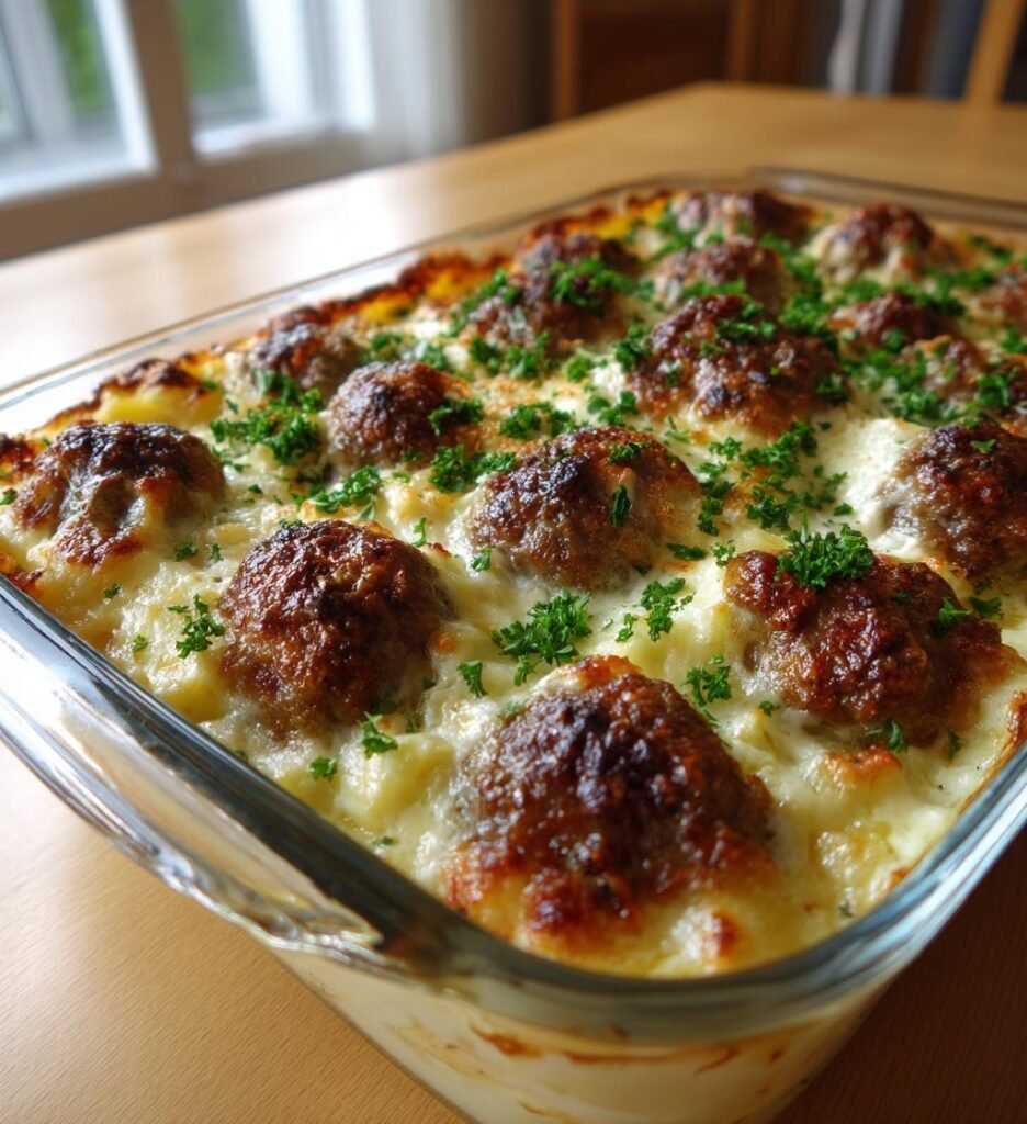 Köttbullsgratäng med potatismos och gräddsås
