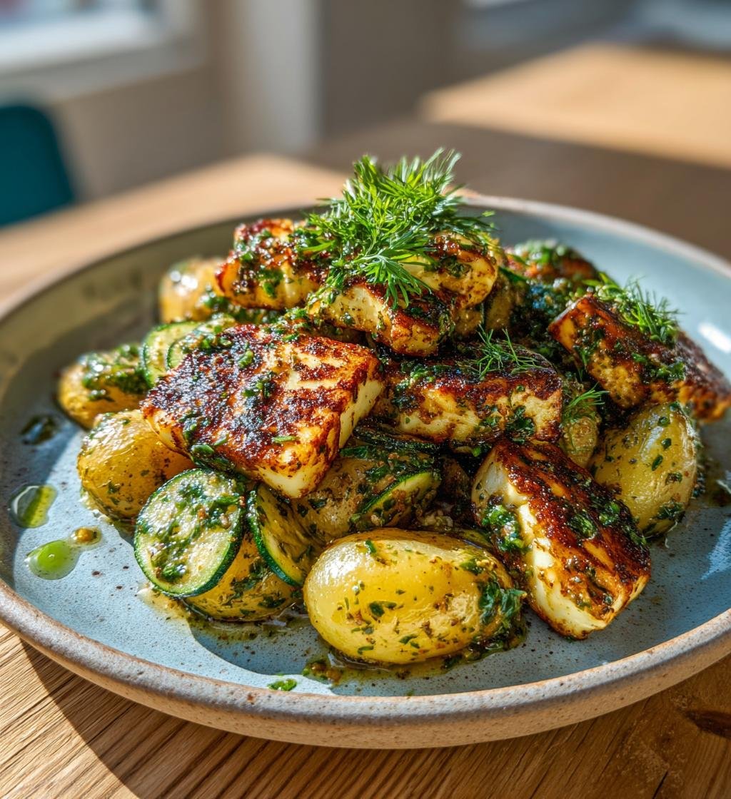 Halloumiplåt med färskpotatis zucchini och örtolja – Enkel och God Middag