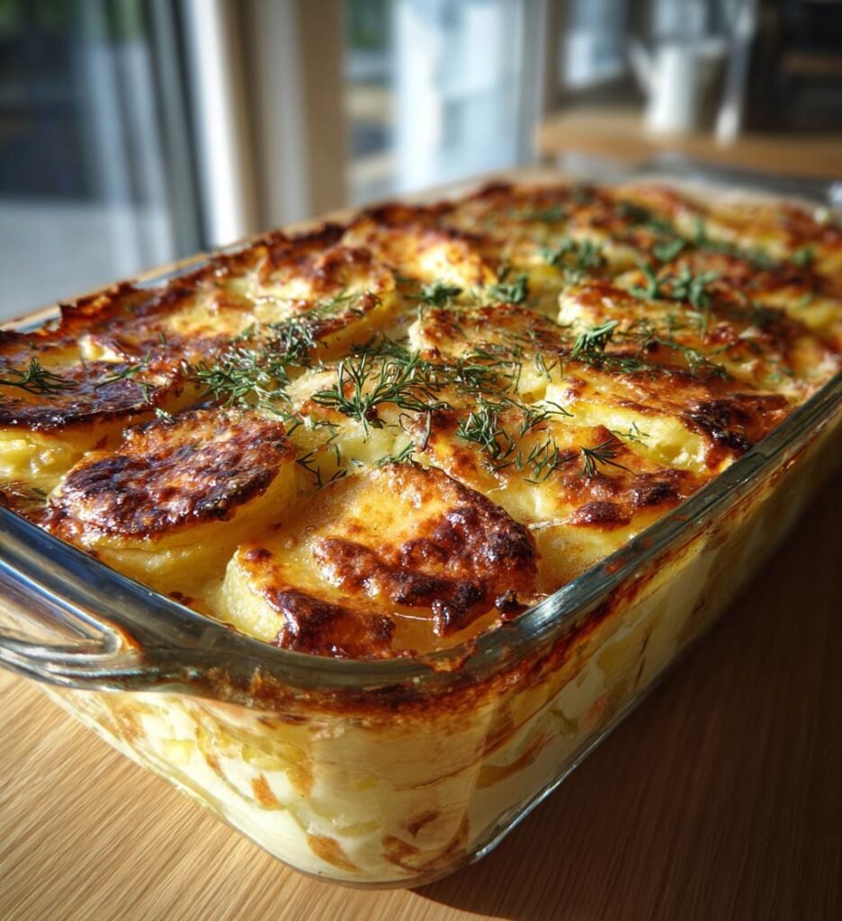Laxgratäng med potatis purjolök och dill