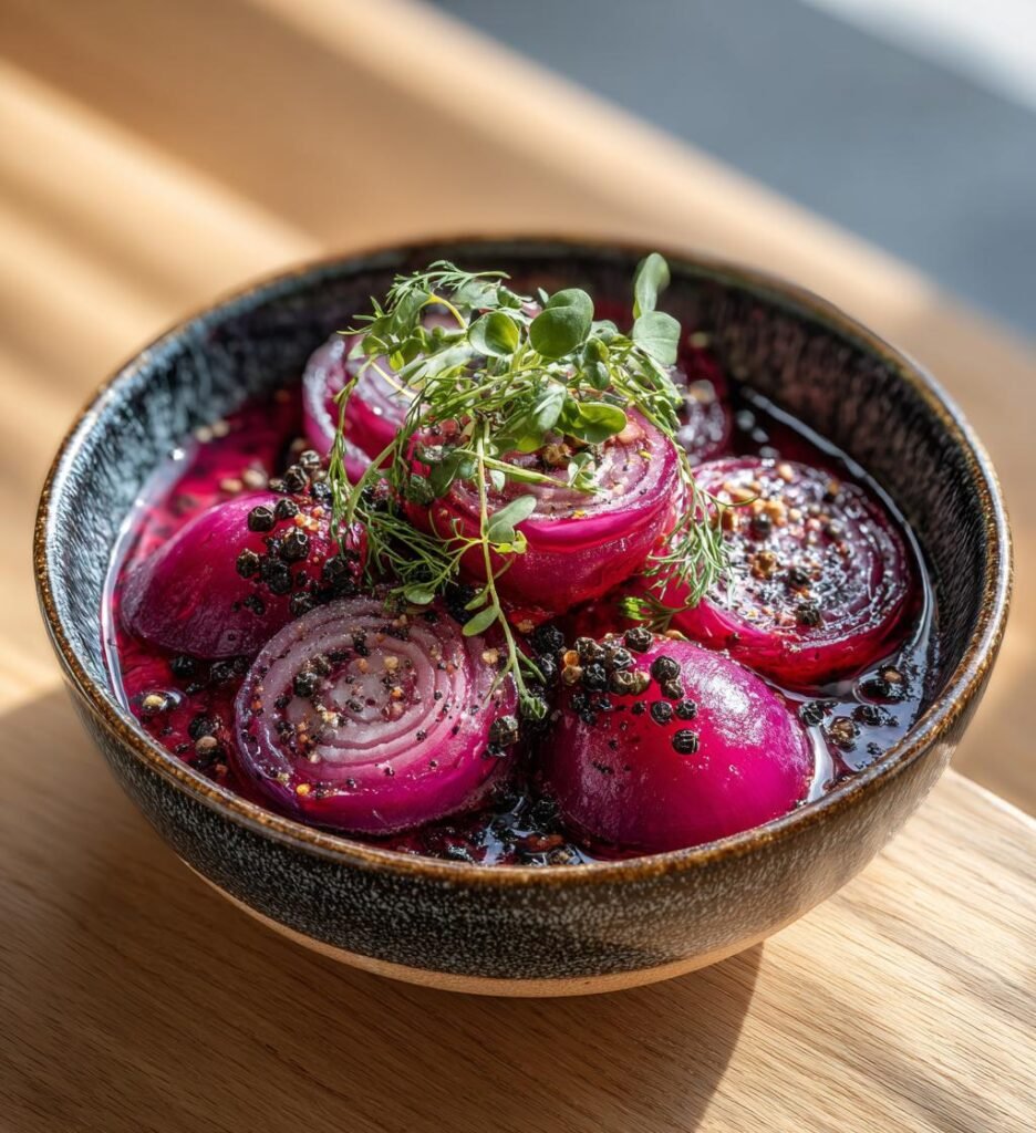 Snabbpicklad rödlök med svartpeppar