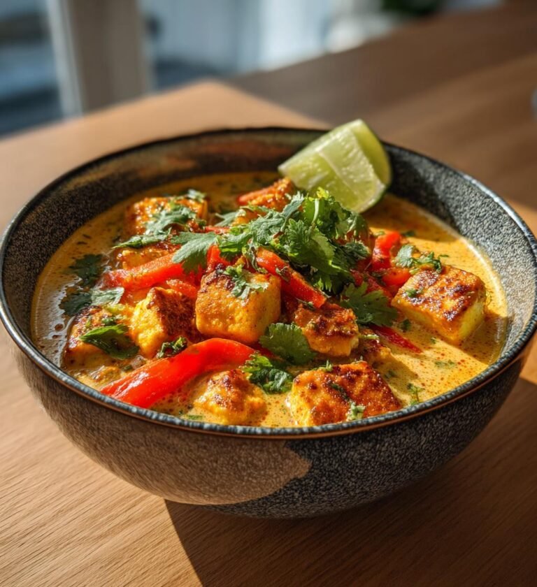 Halloumigryta med paprika kokosmjölk och lime