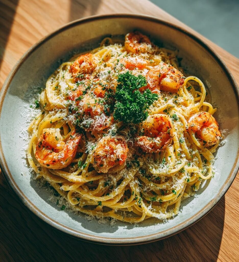 Krämig citronpasta med räkor och parmesan