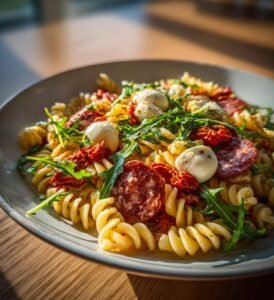 Pastasallad med salami mozzarella och soltorkade tomater