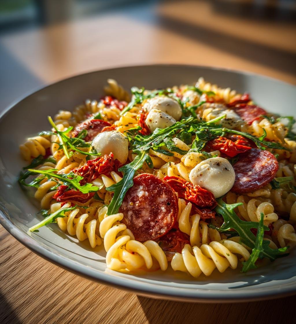 Pastasallad med salami mozzarella och soltorkade tomater – Enkel och God - steg för steg
