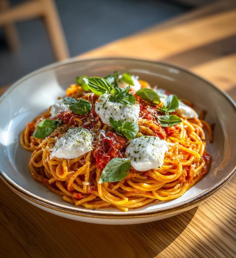 Pasta med rostad paprikasås och burrata