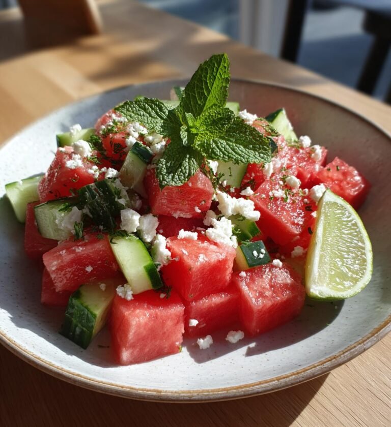 Vattenmelonsallad med fetaost gurka och mynta