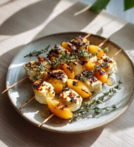 Grillostspett med persika honung och timjan