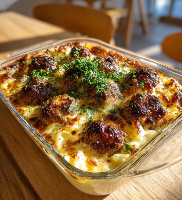 Köttbullsgratäng med potatismos och gräddsås