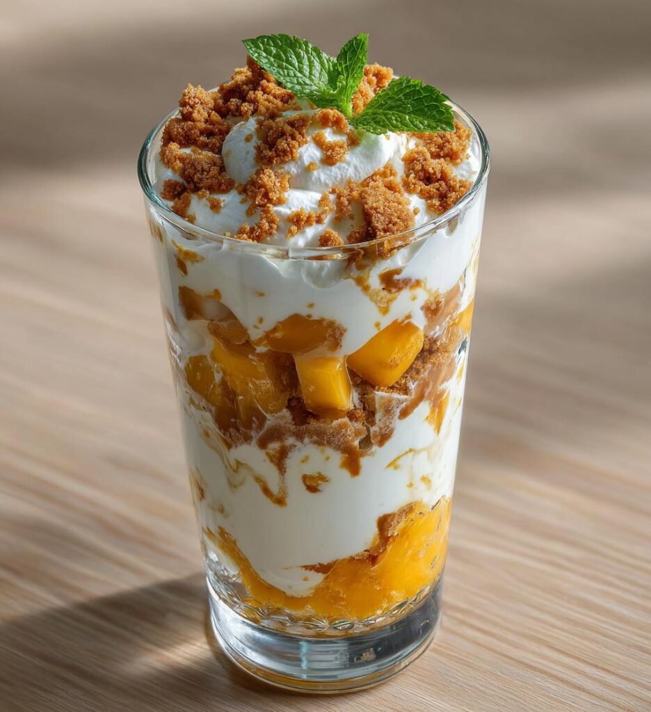 Biscoffdessert med mango och vispad grädde