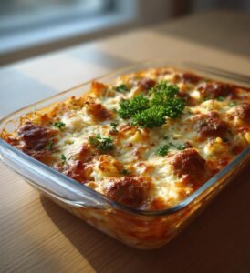 Korv Stroganoff-gratäng med ris och ost