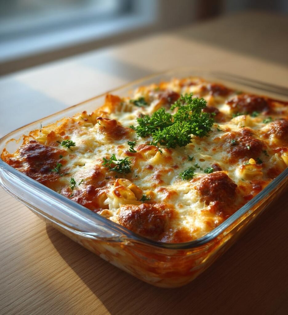 Korv Stroganoff-gratäng med ris och ost