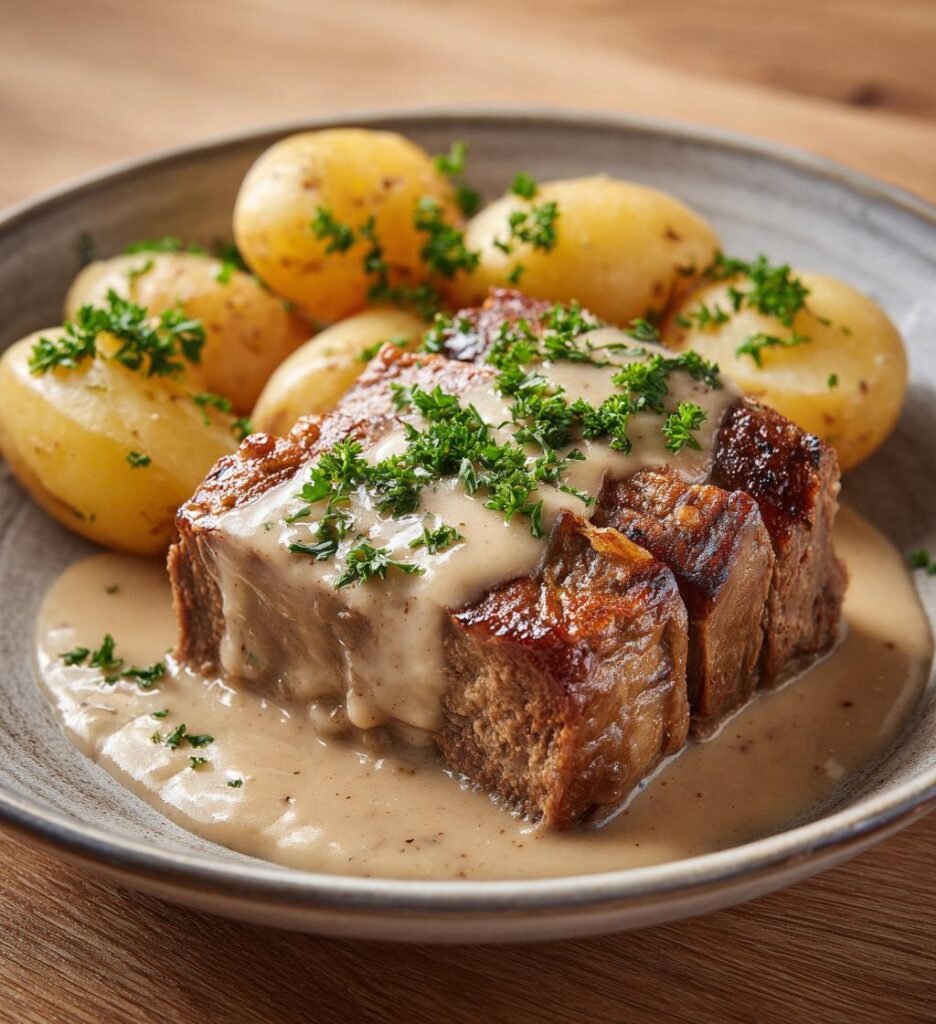 Saftig köttfärslimpa med gräddsås
