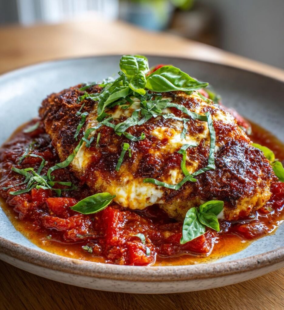 Krispig parmesankyckling med tomatsås