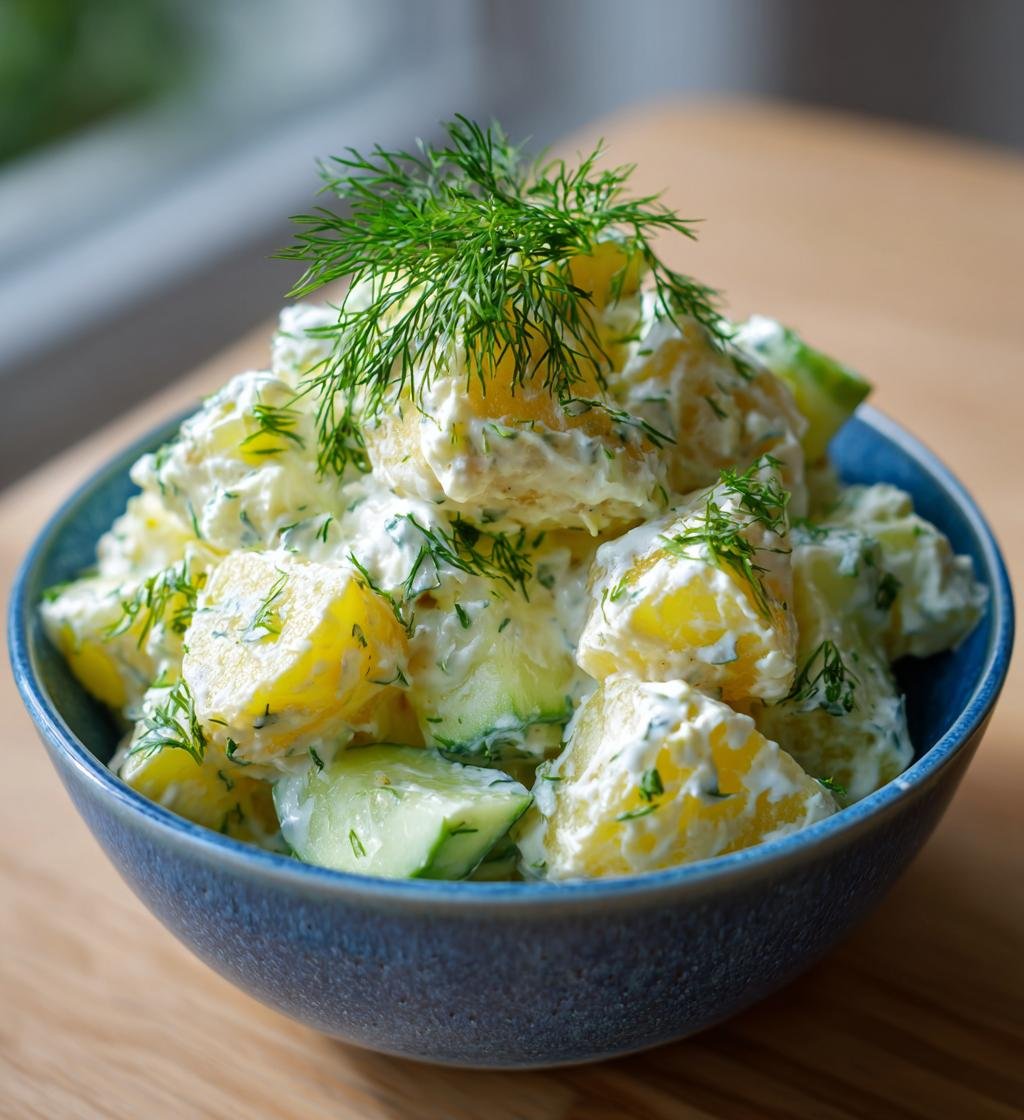 Färskpotatissallad med gurka, dill och pepparrotsdressing - Enkel och God