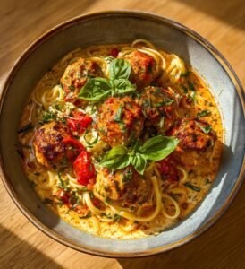 Kycklingköttbullar i krämig tomatsås med pasta