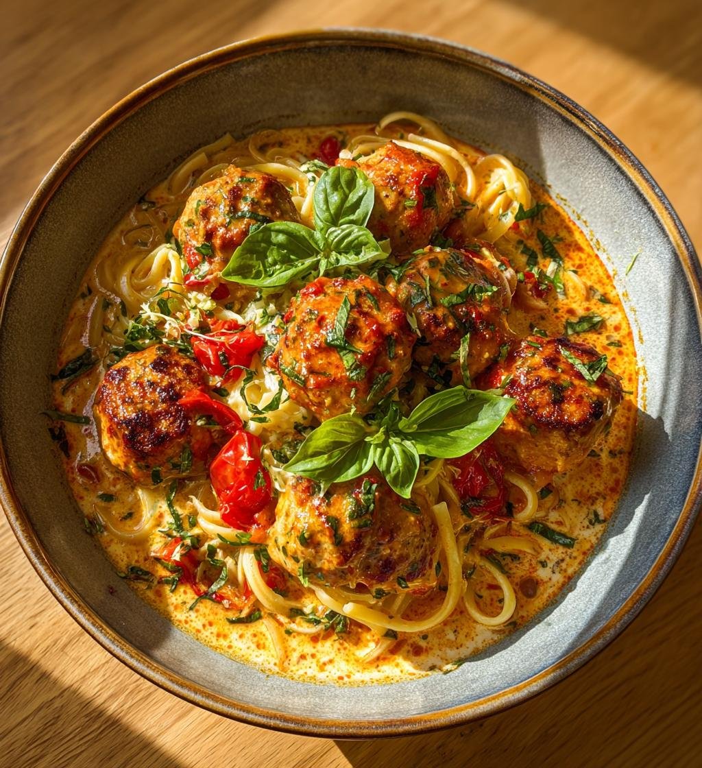 Kycklingköttbullar i krämig tomatsås med pasta – Enkel & Saftig - steg för steg