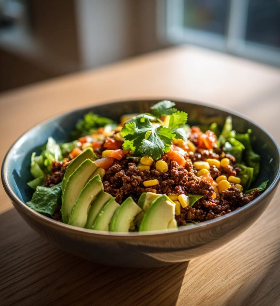 Tacosallad med köttfärs majs och avokado