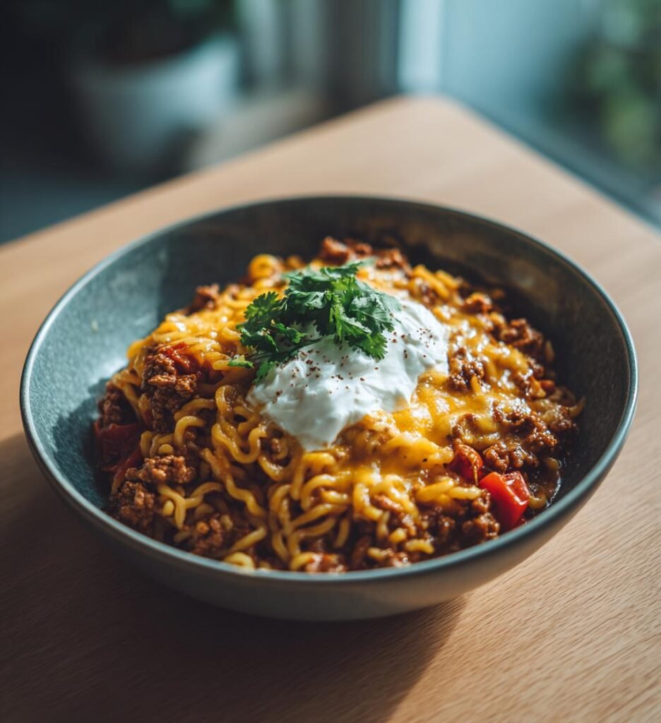 Tacopasta med köttfärs cheddar och crème fraiche