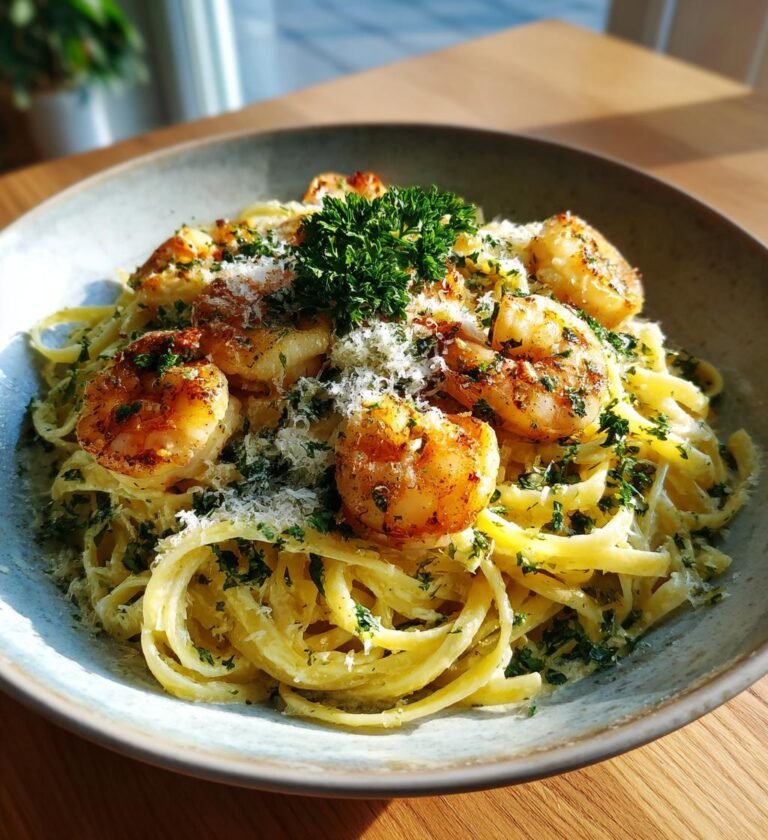 Krämig citronpasta med räkor och parmesan