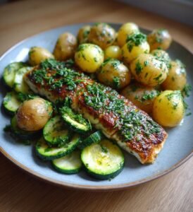 Halloumiplåt med färskpotatis zucchini och örtolja
