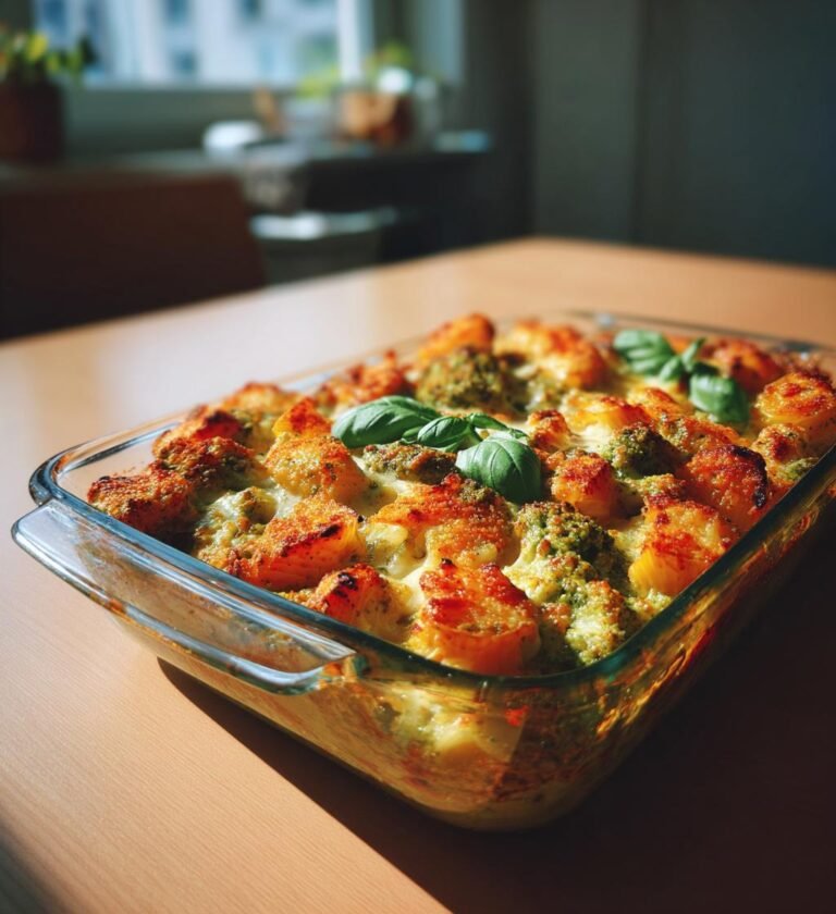 Pastagratäng med halloumi broccoli och pesto